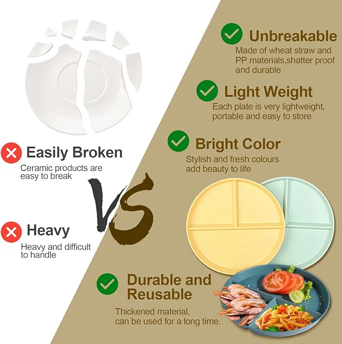 Divided Plates for Adults (8 Packs), Unbreakable Portion Control Plate Sectioned with Dividers, 9 Inch Plastic Food Separator Dinner Plates Lightweight Compartment BPA Free Reusable Microwave Safe