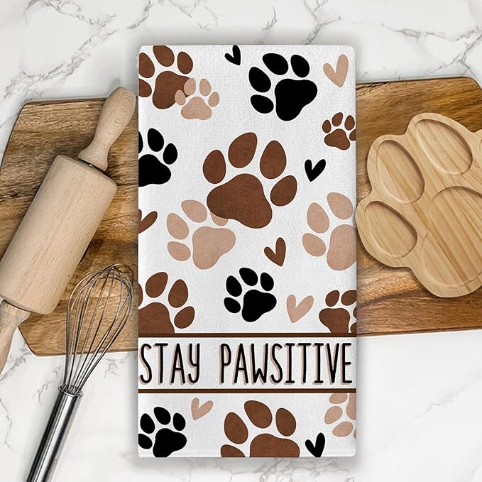 Dog Cat Paw Print Kitchen Dish Towels Set of 2, Best Furbaby Ever Drying Hand Towels Stay Pawsitive Baking Cooking Cloth, Plaid Farmhouse Home Kitchen Decoration Pet Lover Gifts 18 x 26 Inch