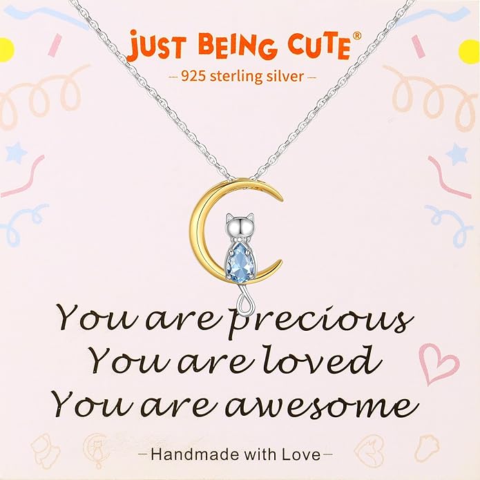 Birthstone Necklace for Women Girls, Cat Necklaces 925 Sterling Silver Teardrop Pendant 18K Gold-Plated Birthstone Jewelry Gifts for Birthday Easter
