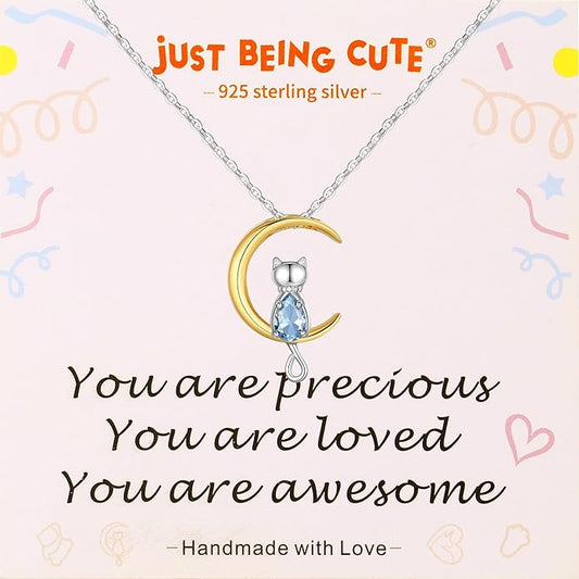 Birthstone Necklace for Women Girls, Cat Necklaces 925 Sterling Silver Teardrop Pendant 18K Gold-Plated Birthstone Jewelry Gifts for Birthday Easter