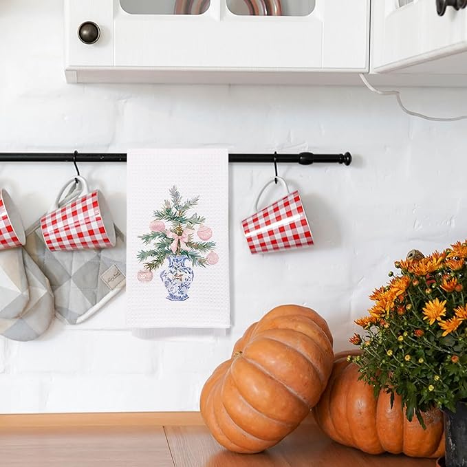 Chinoiserie Christmas Kitchen & Bath Towels, Pink Bow & Blue/White Dish Towels, 16x24 Inch