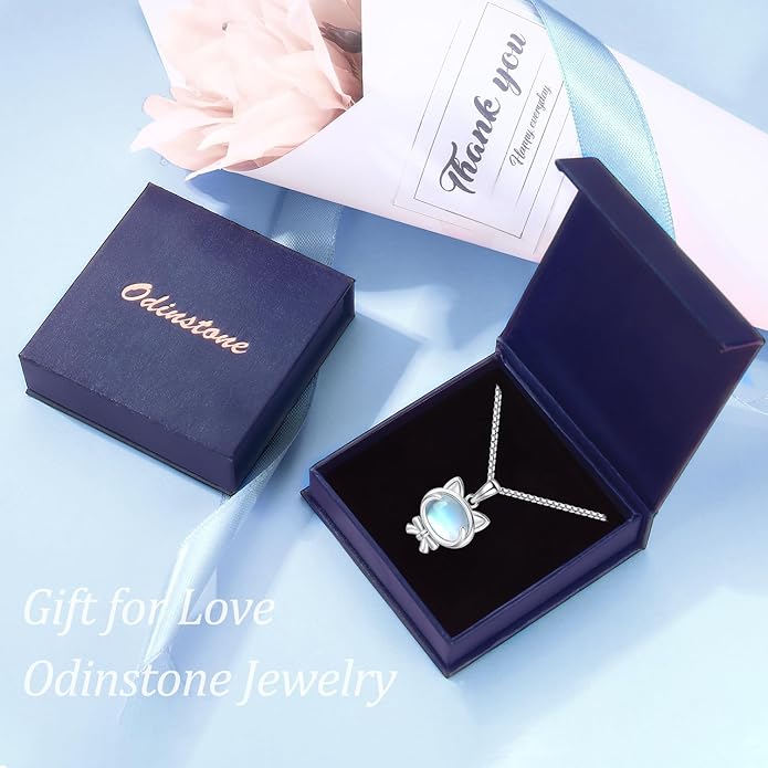 Odinstone Cat Necklace, S925 Sterling Silver Cat on Moon Pendant with Cubic Zirconia, Cat Jewelry Mothers Day Gifts for Mum with Gift Package - I Love You Forever