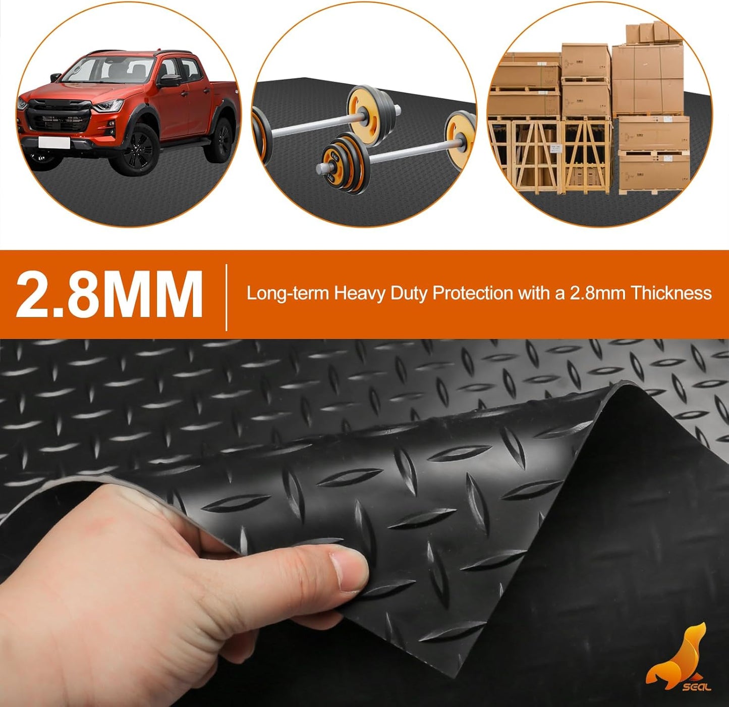 SEAL 5 x 15 Ft Premium Garage Floor Mat, Solid 2.8mm Thickened Black Commercial Grade Heavy Duty Parking Mat for Garage Floor, Golf Cart, Water/Stain Resistant Floor Runner (Embossed Diamond Plate)