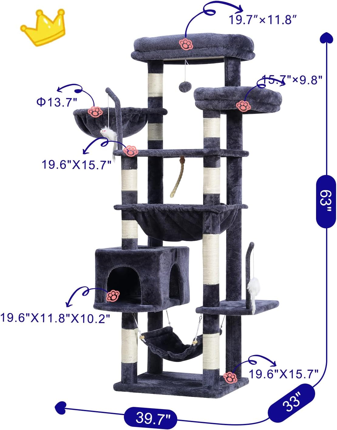 Cat Tree, Cat Tower for Large Cats with 2 Big Platforms, 2 Baskets, condo and Toys, 63" Cat Scratching Posts for Indoor Cats, Smoky Gray GCT020G