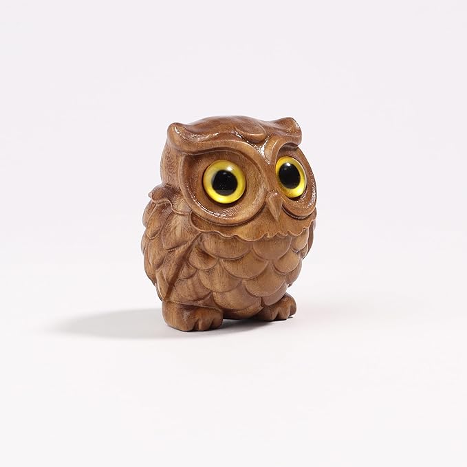 Owl Wooden Figurine,Handmade Art Carved Miniature Animal Garden Statue Collectible,Gift Holiday Home Decor,for Office, Desktop, Bedroom, Living Room, Bookshelf Decoration