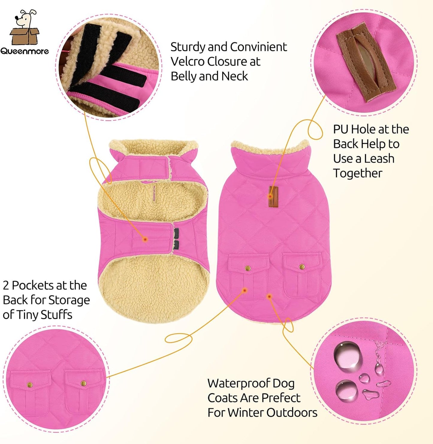 Queenmore Dog Winter Coat - Fleece Jacket, Waterproof Cold Weather Clothes, Thick Warm Cotton Padding, Easy On Storage Pockets (Pink, Medium)