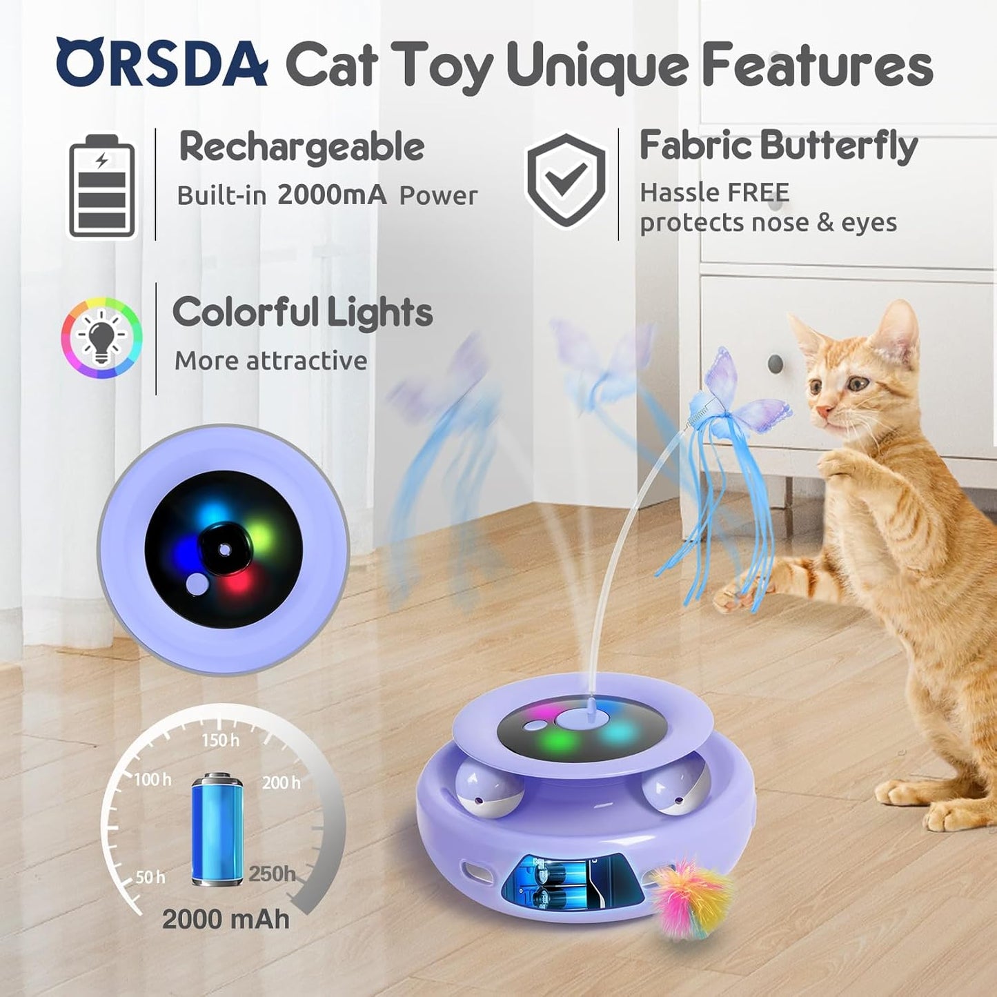 ORSDA Cat Toy, 3-in-1 Automatic Interactive Electronic Moving Ambush Feather, Fluttering Butterfly, Track Balls, USB Rechargeable Powered Smart Indoor Exercise Kicker