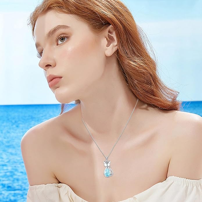 Odinstone Cat Birthstone Necklaces Jewelry Sterling Silver Cat Pendant Necklace Gift for Women Gifts, 18'' Silver Box Chain Women's Birthstone Crystal Cat Jewelry Gifts