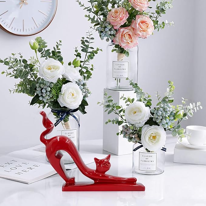 DreamsEden Modern Home Decor Cat Statue - Resin Art Animal Figurine Accent Ornaments for Living Room Bedroom Shelf (Red)