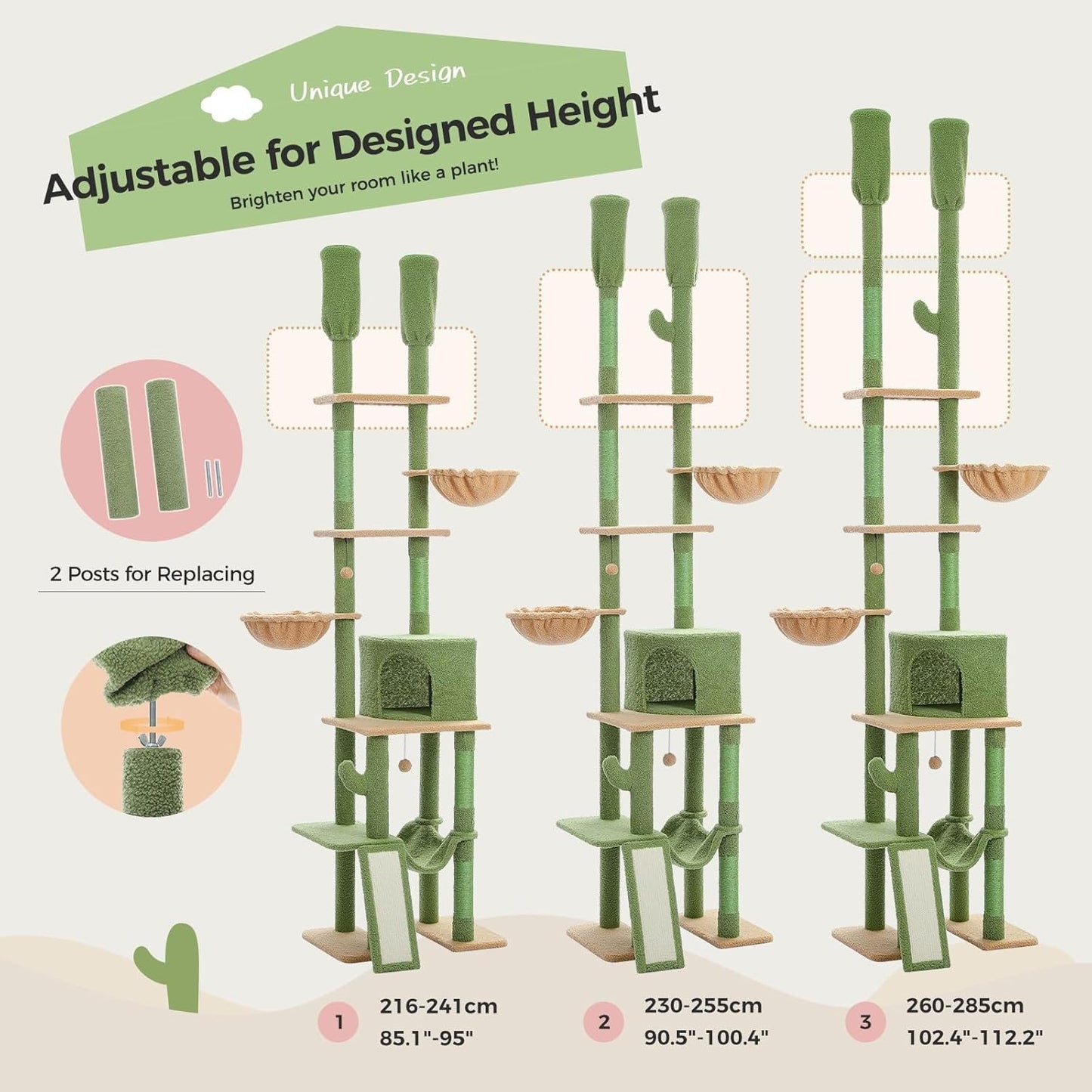 PAWZ Road Cactus Cat Tree Floor to Ceiling Cat Tower with Adjustable Height(85-112 Inches), 7 Tiers Climbing Activity Center with Cozy Hammocks, 5 Platforms and Scratching Posts for Indoor Cats