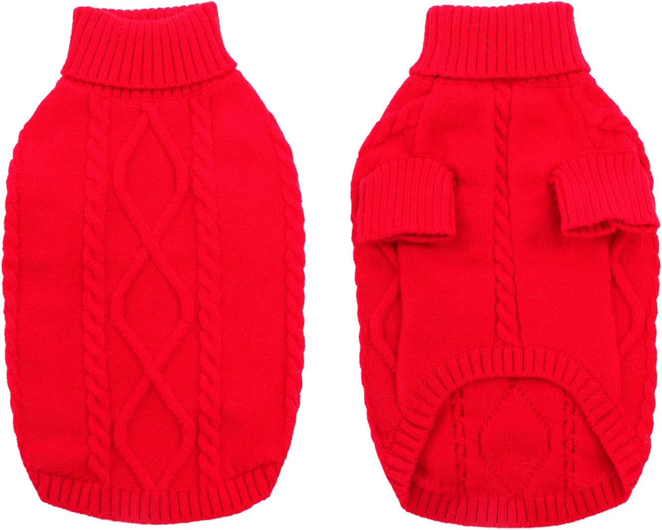 Queenmore Small Dog Pullover Sweater, Cold Weather Cable Knitwear, Classic Turtleneck Thick Warm Clothes for Chihuahua, Bulldog, Dachshund, Pug (Red, Small)