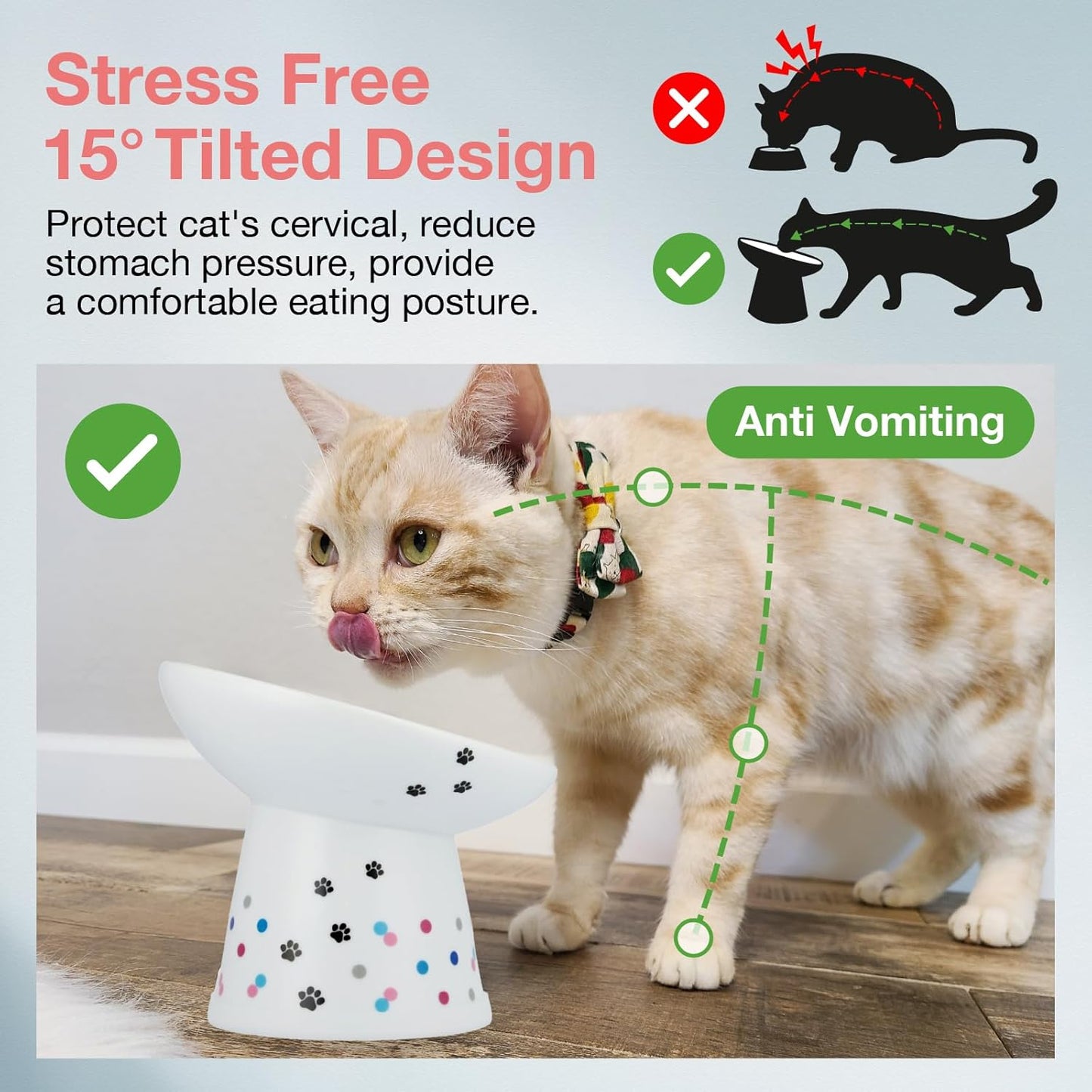 Necoichi Extra Wide Raised Cat Food Bowl, Elevated, Prevent Neck & Whisker Fatigue, Dishwasher and Microwave Safe, No.1 Seller in Japan! (Colorful Dots Limited Edition, Extra Wide Tilted)