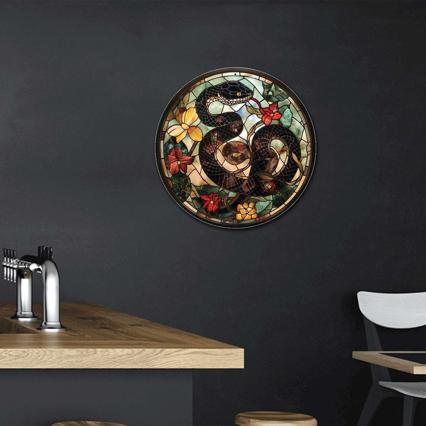 Lygond Metal Sign Tin Sign Circular Stained Glass Snake Gardening Sign for Gift 12×12 Inches