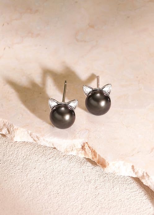 S.Leaf Cat Earrings Pearl Earrings Sterling Silver Earrings for Women Cat Memorial Gifts Cat Gifts for Cat Lovers Cat Jewelry for Women