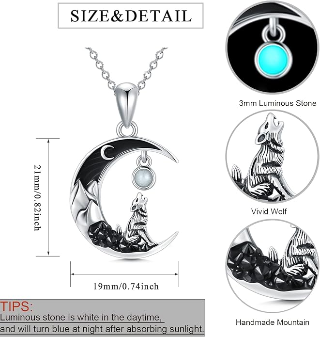Gothic Jewelry Bat/Cat/Wolf/Dragon/Owl/Fox/Spider/Sun Pendant Sterling Silver Crescent Moon Necklace for Women Girls Black Jewelry Gifts