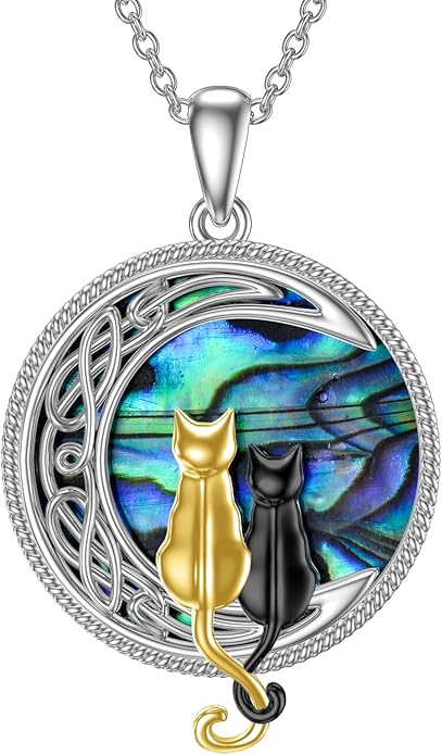 TOUPOP Cat Necklace Sterling Silver Abalone Shell Celtic Cat on the Moon with Abalone Shell Birthday Christmas Jewelry Gifts for Women