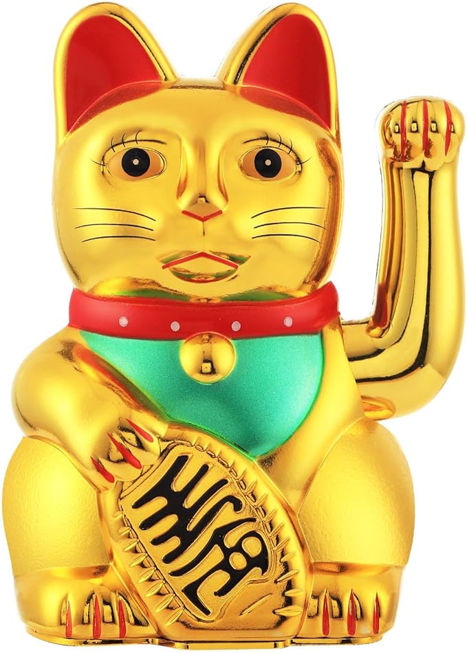 Gold/Black/White Maneki Neko Lucky Cat,Fengshui Cat- Waving Arm Battery Operated for Fortune Money and Good Luck (Gold, 5 in)