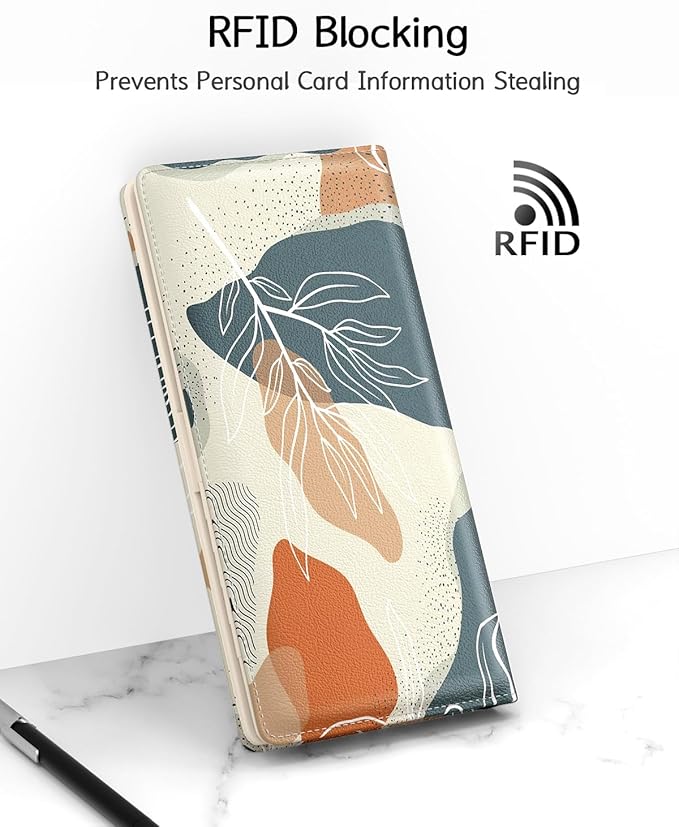 Nipichsha Womens Wallet, RFID Slim Wallets for Women, Thin Ladies Credit Card Holder Purse, Cute Leather Bifold Clutch Billfold with 11 Card Slots & ID Window, Abstract Boho Leaf