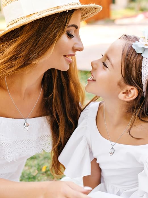 OCJ Mother Daughter Matching Necklaces 925 Sterling Silver Animals Matching Necklace for Mom Daughter 2 Pcs Matching Heart Pendant Birthday Mothers Day Gifts for Mom and Daughter