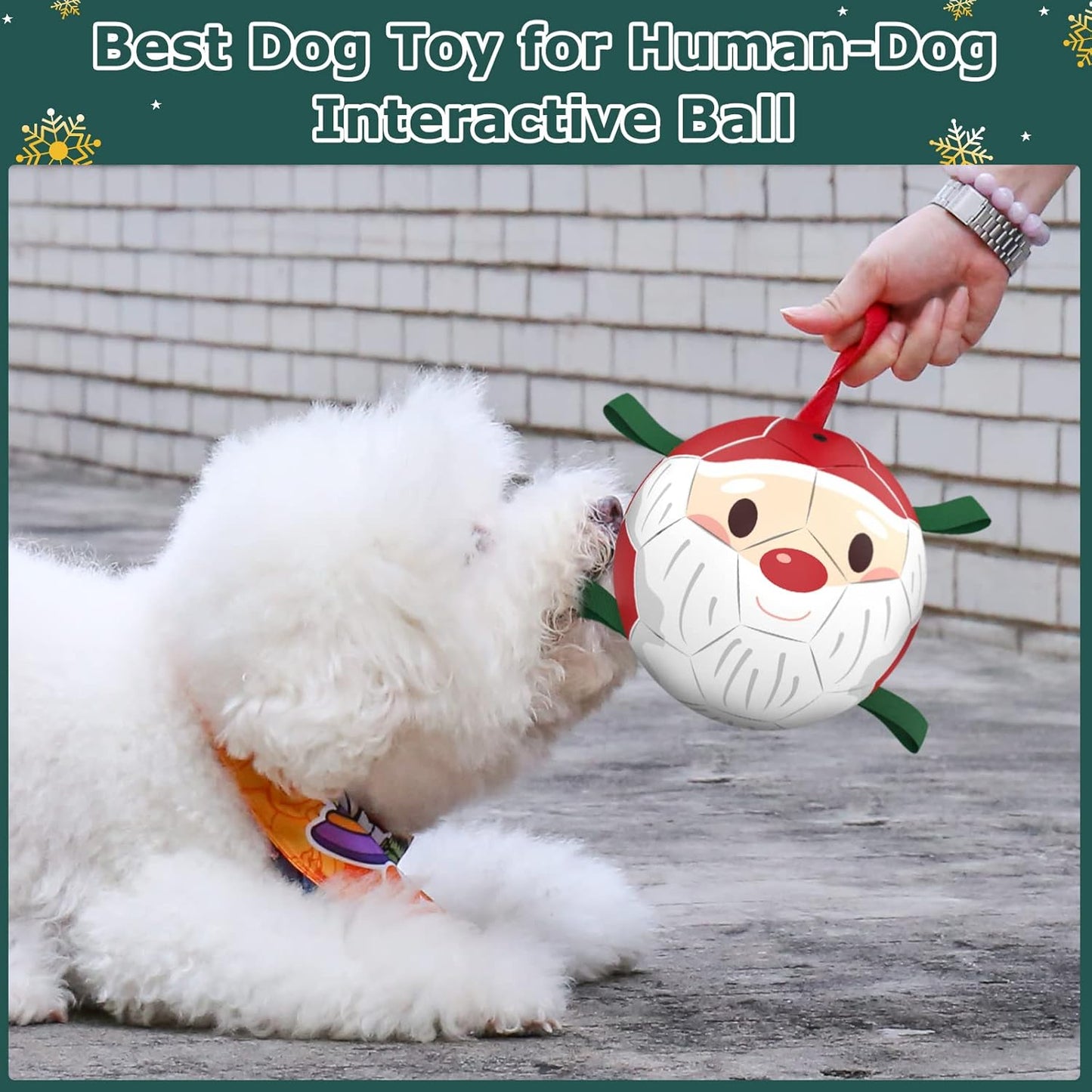 QDAN Christmas Dog Balls with Straps, Soccer Ball for Dogs for Small Medium Breed, Tug Toys for Dog Birthday, 6" Outdoor Dog Toys for Fun