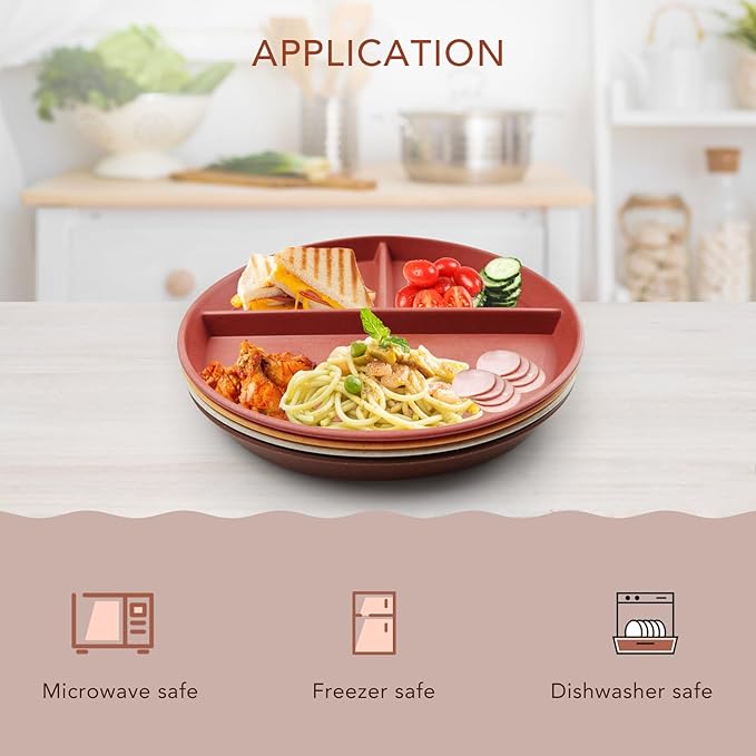 greenandlife 9 Inch 4PCS Unbreakable Portion Control Plates, Divided Plates for Kids Adults, Dishwasher & Microwave Safe Compartment Plate, Lightweight Reusable Wheat Straw Plate, BPA Free
