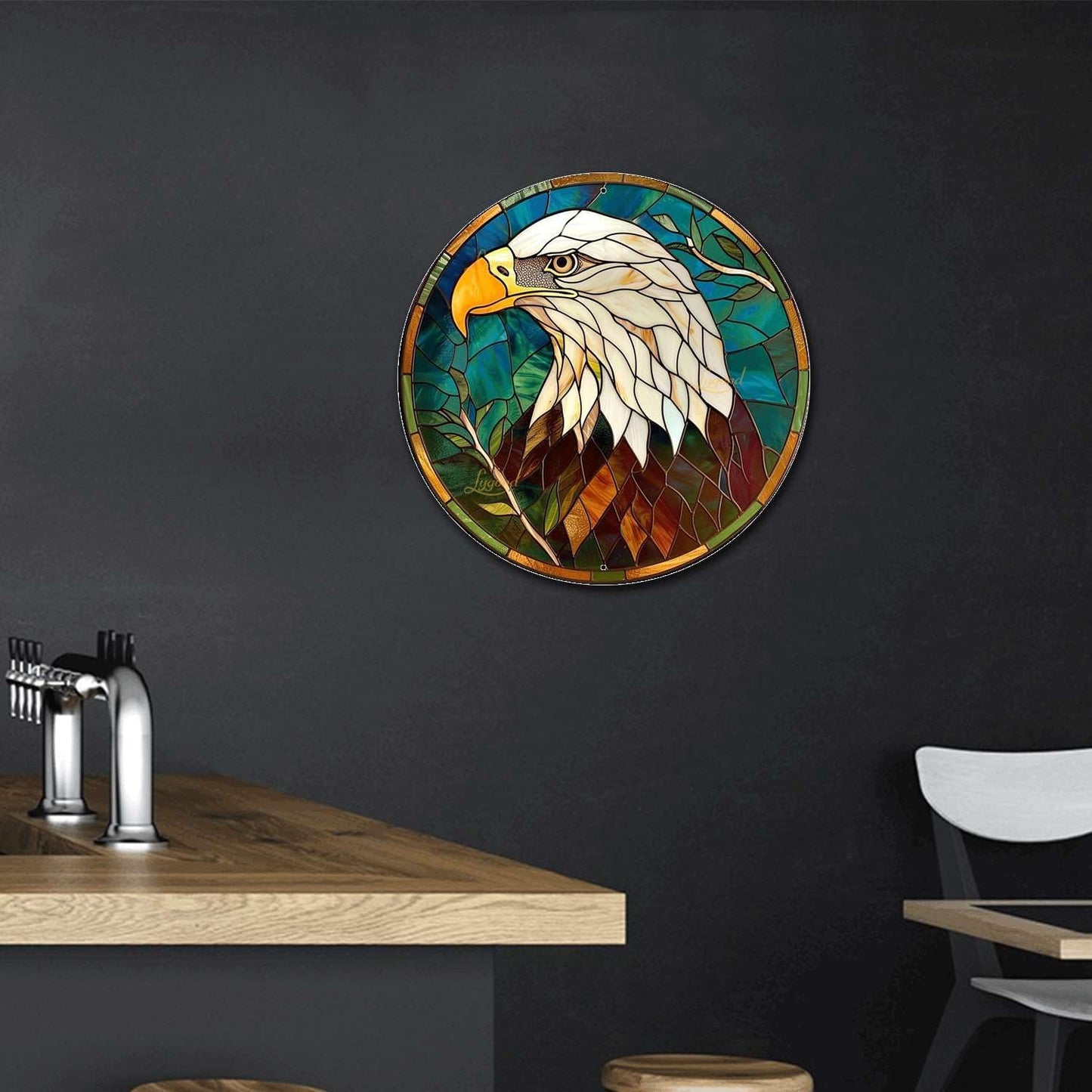 Lygond Metal Sign Tin Sign Circular Stained Glass Bald Eagle Boho Decorations for Home for Bar 8×8 Inches