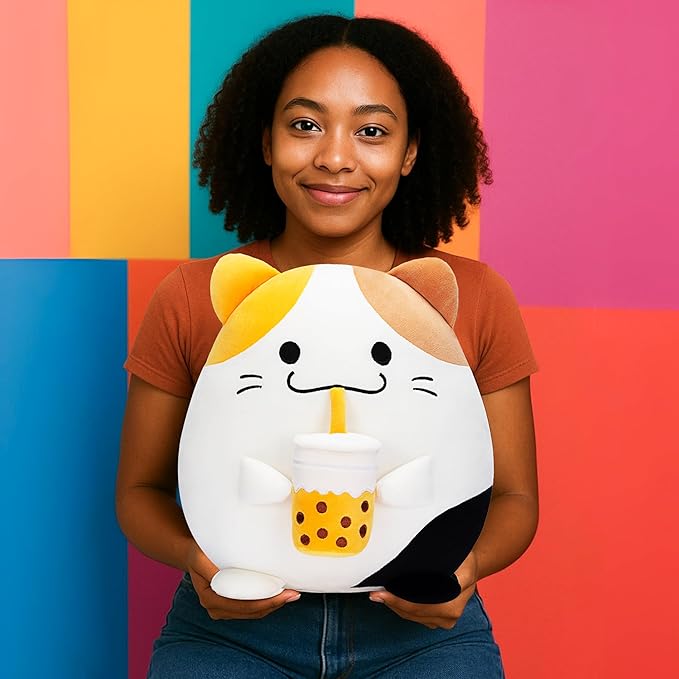 Original 12.5-inch Large Calico Cat Plush Pillow Stuffed Animal Toy,Big Size Cute Soft Fat Hugging Cuddle Huggable Plushie,Gift for Kids