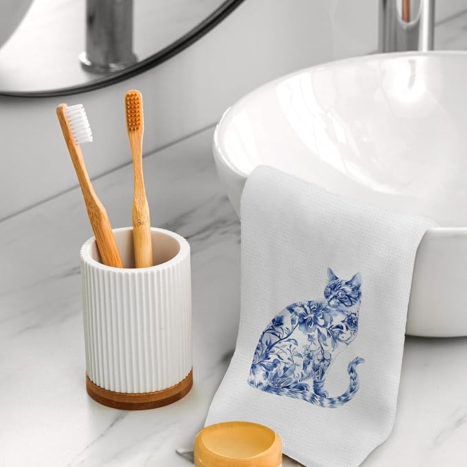 Chinoiserie Cat Kitchen Towels, Blue and White Grandmillennial Floral Cat Decorative Hand Towels for Bathroom, Cats Lover Mom Lady Gifts Dish Tea Towels for Kitchen, 16x24 Inch
