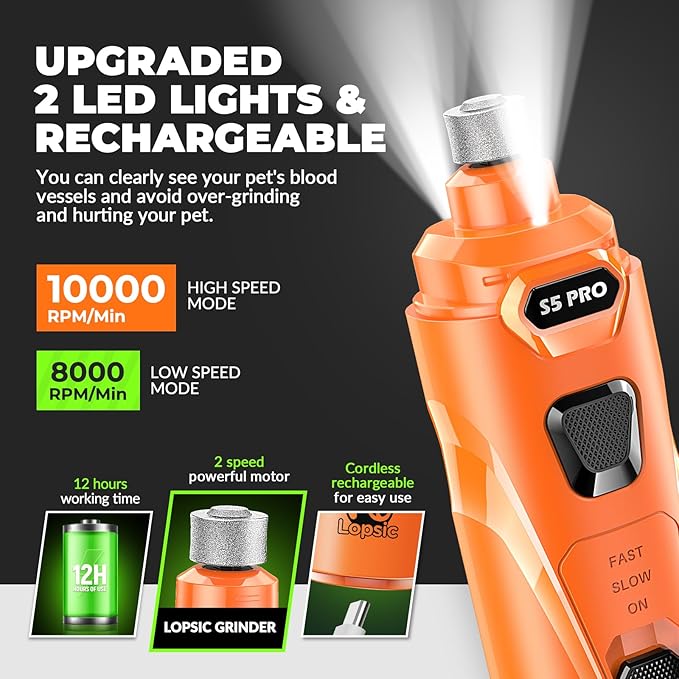 Dog Nail Grinder with 2 LED Lights Powerful 2 Speeds Super Quiet Dog Nail Trimmers with 3 Grinding Wheels Rechargeable Pet Dog Nail Clippers for Large Medium Puppy Dogs Dog Nail File Cat Nail Clipper