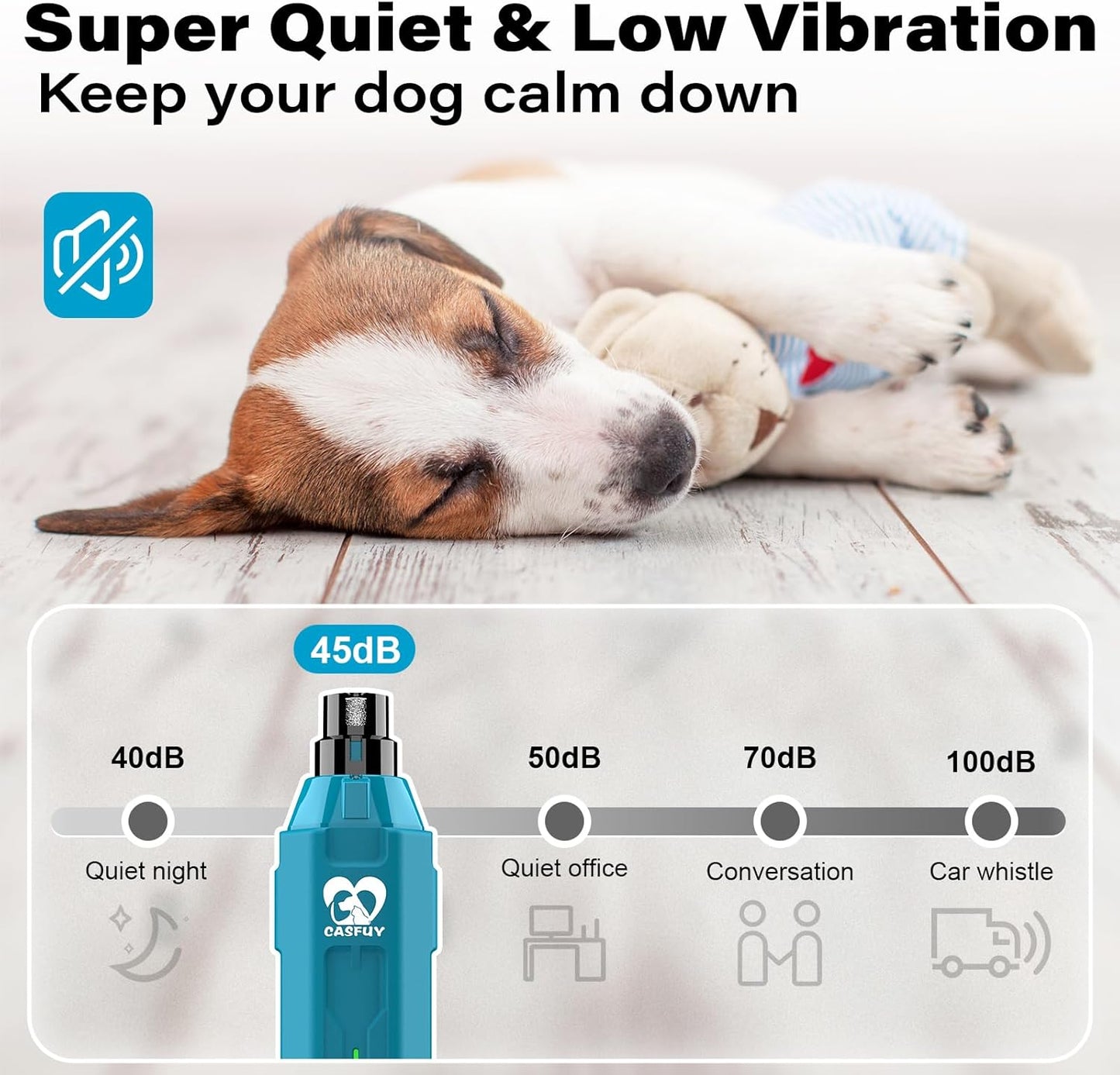 Casfuy 6-Speed Dog Nail Grinder - Newest Enhanced Pet Nail Grinder Super Quiet Rechargeable Electric Dog Nail Trimmer Painless Paws Grooming & Smoothing Tool for Large Medium Small Dogs (Bright Blue)