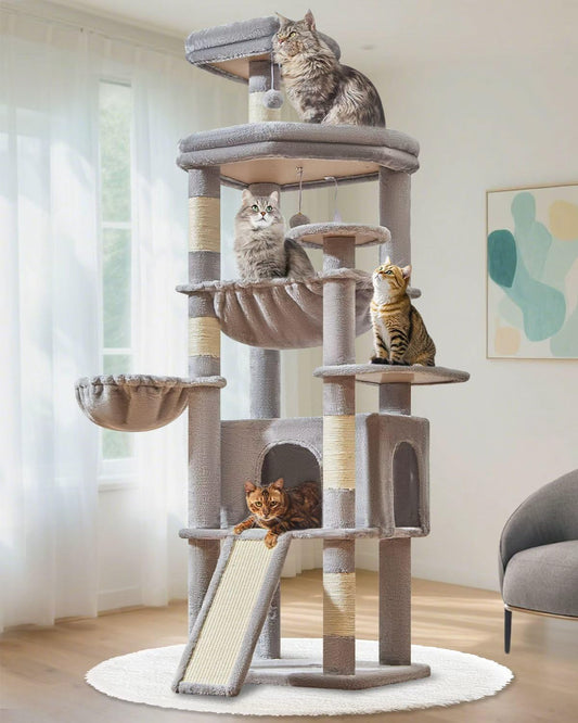 Taoqimiao 72 Inches Cat Tree for Large Cats, Multi-Level Tall Cat Tower, Widened Cat Condo with Large Scratch Board, 5 Scratching Posts, Metal Hammcock, Cozy Basket, Light Gray, MS045W