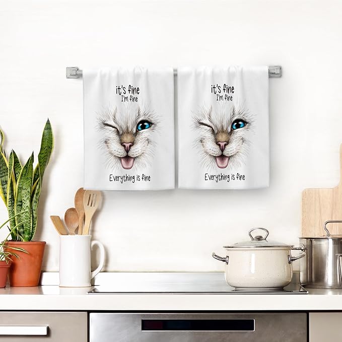 Funny Cat Kitchen Towels Decorative Set of 2, Soft Absorbent Cute Dish Towels for Kitchen Drying, Bar Tea Hand Towels Bathroom Farmhouse Decor Gifts for Cat Lovers 16"x24"