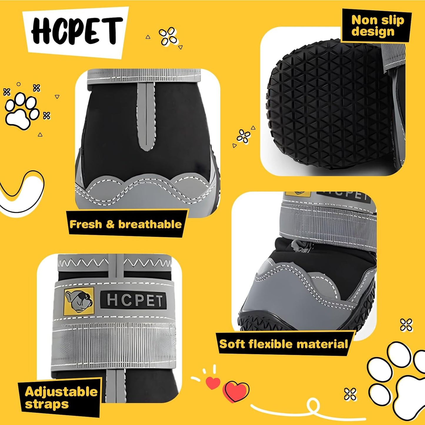 Hcpet Dog Shoes for Large Dogs, Waterproof Dog Booties for Small Medium Dogs, Anti-Slip Dog Boots & Paw Protectors for Hot Pavement Winter Snow Hiking with Reflective Straps Black Size 1