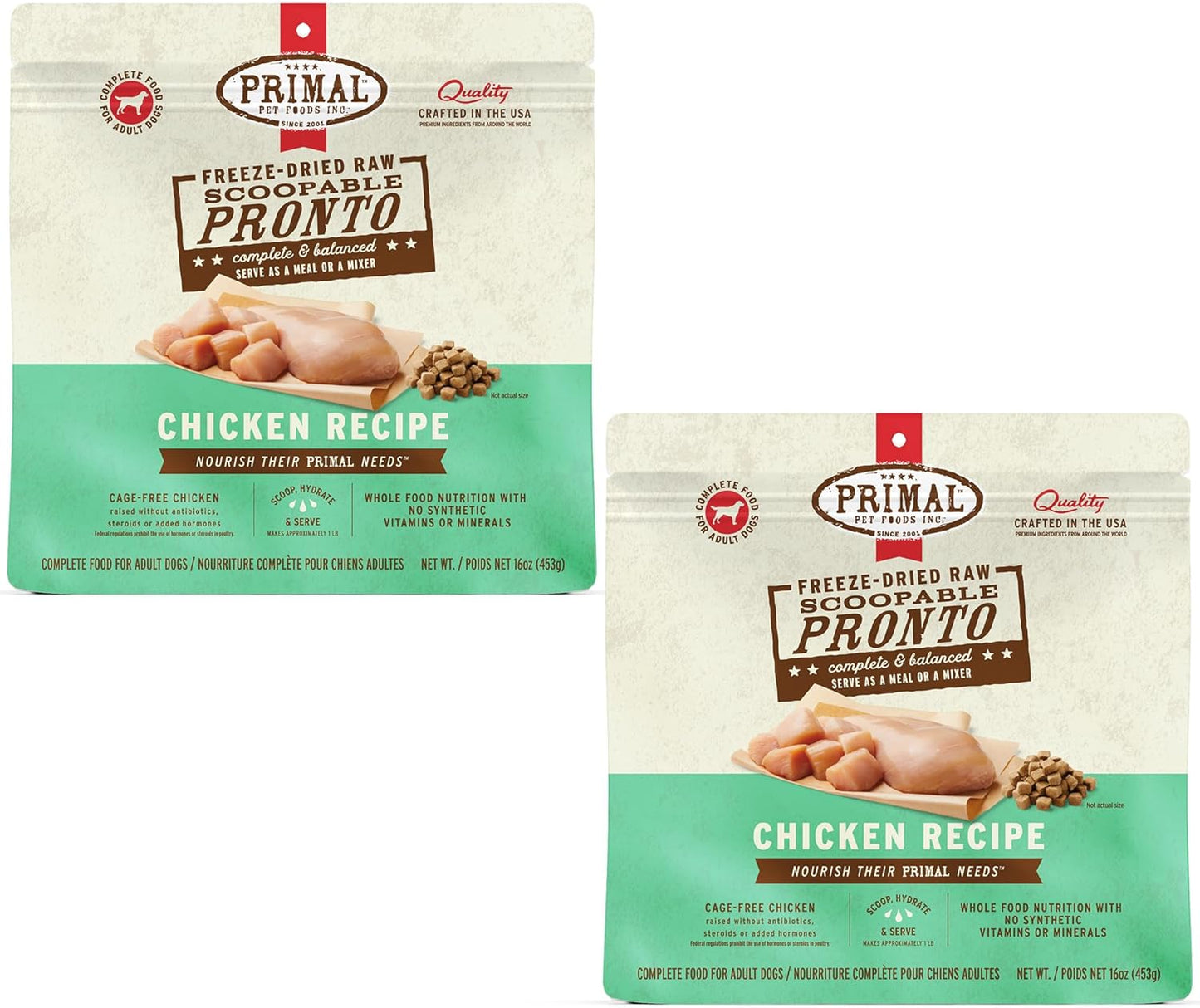 Primal Freeze Dried Dog Food, Pronto Mini Nuggets, Chicken; Scoop & Serve, Complete & Balanced Meal; Also Use As Topper or Treat; Premium, Healthy, Grain Free, High Protein Raw Dog Food(16 oz, 2-Pack)