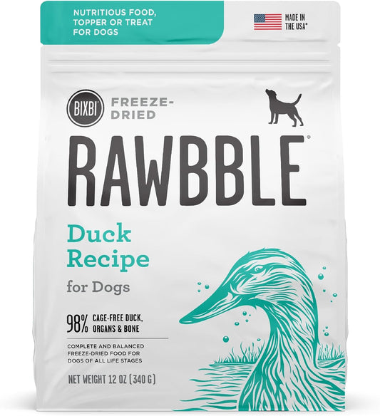 BIXBI Rawbble Freeze Dried Dog Food, Duck Recipe, 12 oz - 95% Meat and Organs, No Fillers - Pantry-Friendly Raw Dog Food for Meal, Treat or Food Topper - USA Made in Small Batches