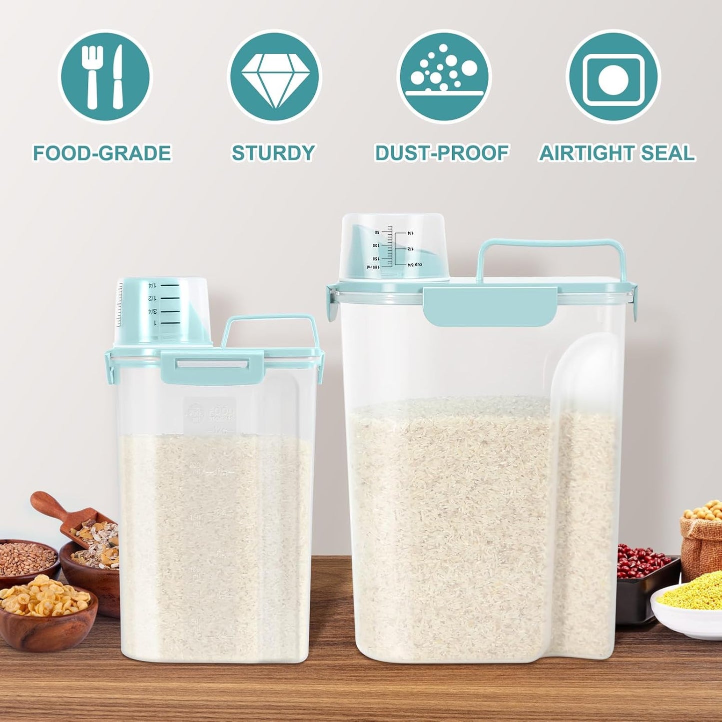 TBMax Rice Container 2 Pack, Airtight Cereal Container Oatmeal Storage with Easy-pouring Spout & Handy Cup for Flour Grain Beans, Pet Dog Cat Bird Food Storage Dispenser-Sky Blue