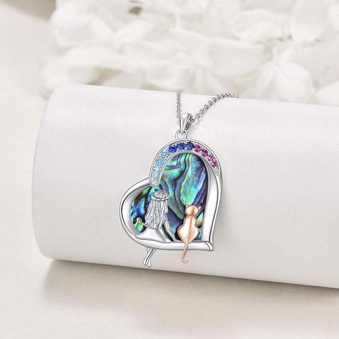 LUHE Cat Necklace Gifts 925 Sterling Silver Cat Heart Pendant Necklace Jewelry for Women Daughter