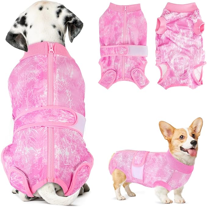 Lukovee Recovery Suit for Dogs, Zipper On Recovery Suit for Female Male Dog, Onesie Abdominal Wounds Cone E-Collar Alternative Prevent Licking Spay Recovery Suit (XX-Large, Pink Tie-dye)