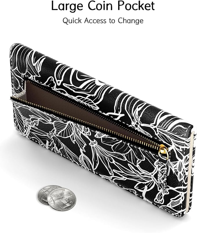 Nipichsha Womens Wallet, RFID Slim Wallets for Women, Thin Ladies Credit Card Holder Purse, Cute Leather Bifold Clutch Billfold with 11 Card Slots & ID Window, Black White Leaf