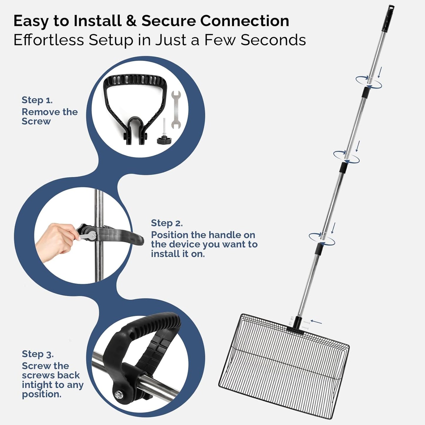 15" Extra-Wide Chicken Poop Scooper – Ergonomic Adjustable Handle (24-70in), Stainless Steel Sifting Shovel Deep Litter Cleaning for Chicken Coops, Goat - Chicken Coop Scoop for Sand, Straw, Hemp