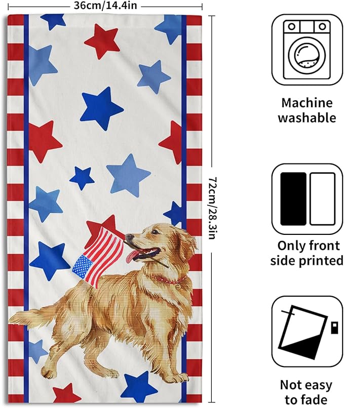 Giwawa Patriotic Dog Wood Hand Towels Set of 2 American Flag Kitchen Dish Towel 4th of July Absorbent Bath Face Towels for Home Hotel Bathroom