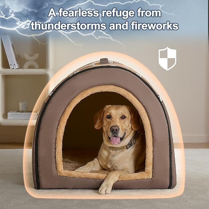 Jiupety 2 in 1 Dog House Indoor, Comfy Cave Bed Covered Dog Bed, Portable House for Large Dogs, 3XL(39"×32"×28"), Up to 90 Lb, Brown