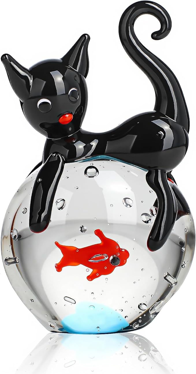 QFkris Blown Glass Black Cat Figurine, Mini Glass Animals Sculpture, Cat and Fish Art Collectible Figurines for Home Decor, Gift for Mom Cat-Lover Birthday Christmas