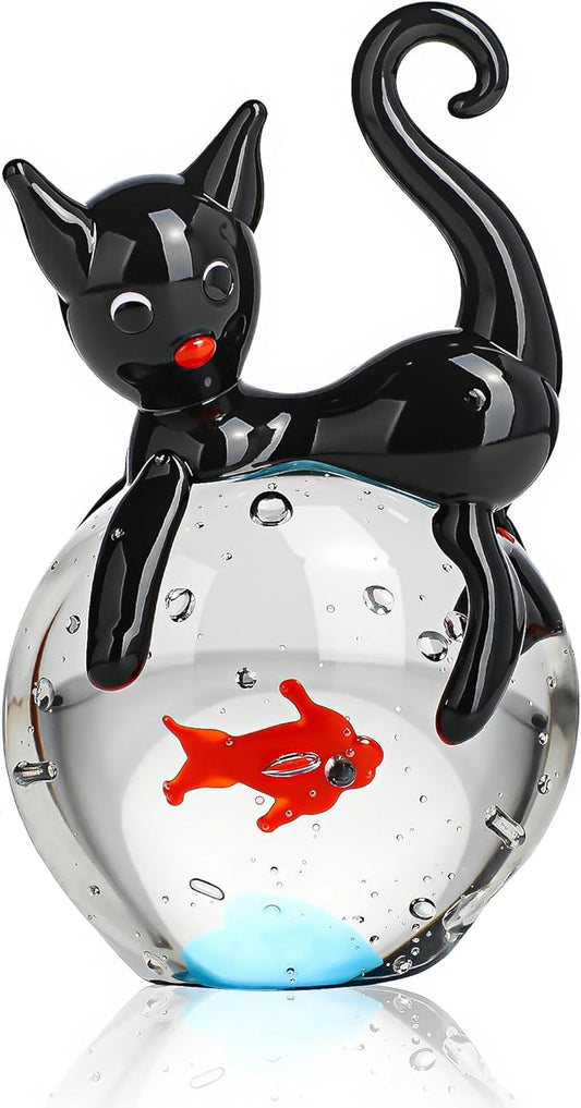 QFkris Blown Glass Black Cat Figurine, Mini Glass Animals Sculpture, Cat and Fish Art Collectible Figurines for Home Decor, Gift for Mom Cat-Lover Birthday Christmas