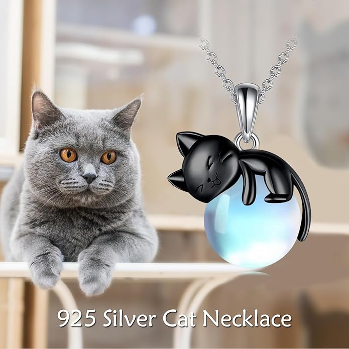 Cat Necklace Sterling Silver Cat Pendnat with Rose Quartz Pearl Jewelry Gifts for Women Cat Lovers