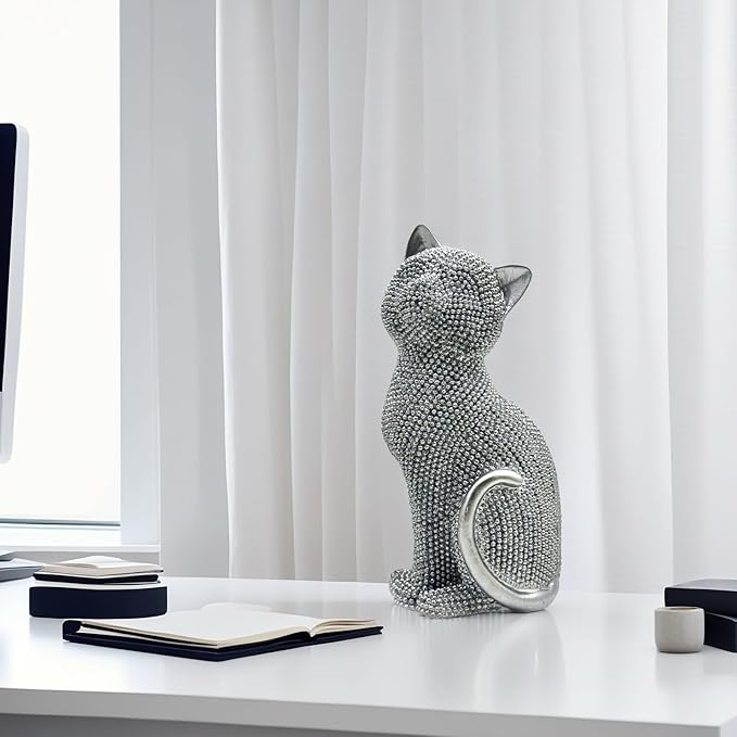 FUNSXBUG Decorative Cat Sitting Statue Art Figurines Sculpture Collectibles Home Office Desktop Decor Outdoor Garden Tabletop Display Decoration (Silver)