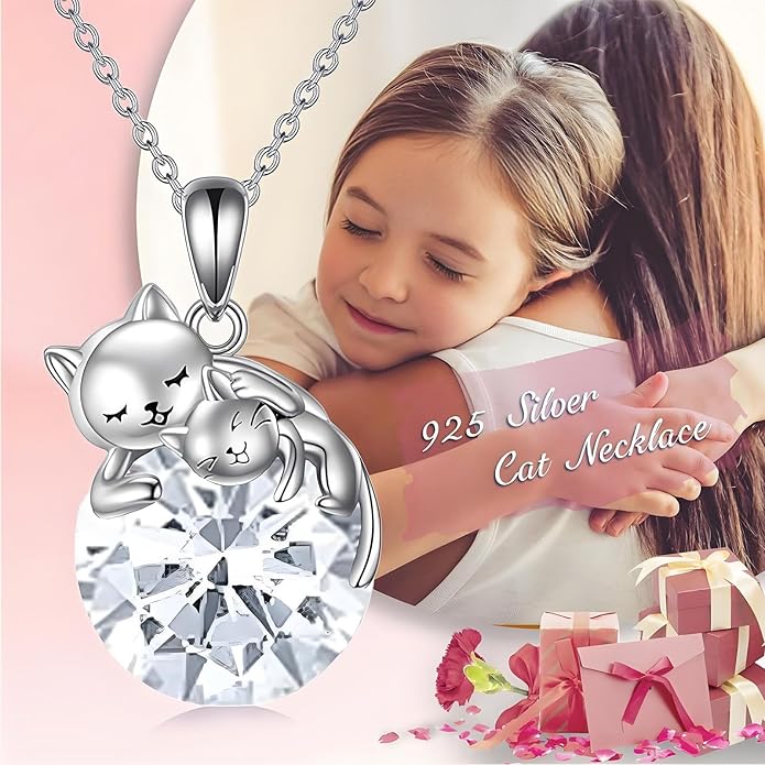 Cat Necklace Sterling Silver Cat Pendnat with Rose Quartz Pearl Jewelry Gifts for Women Cat Lovers