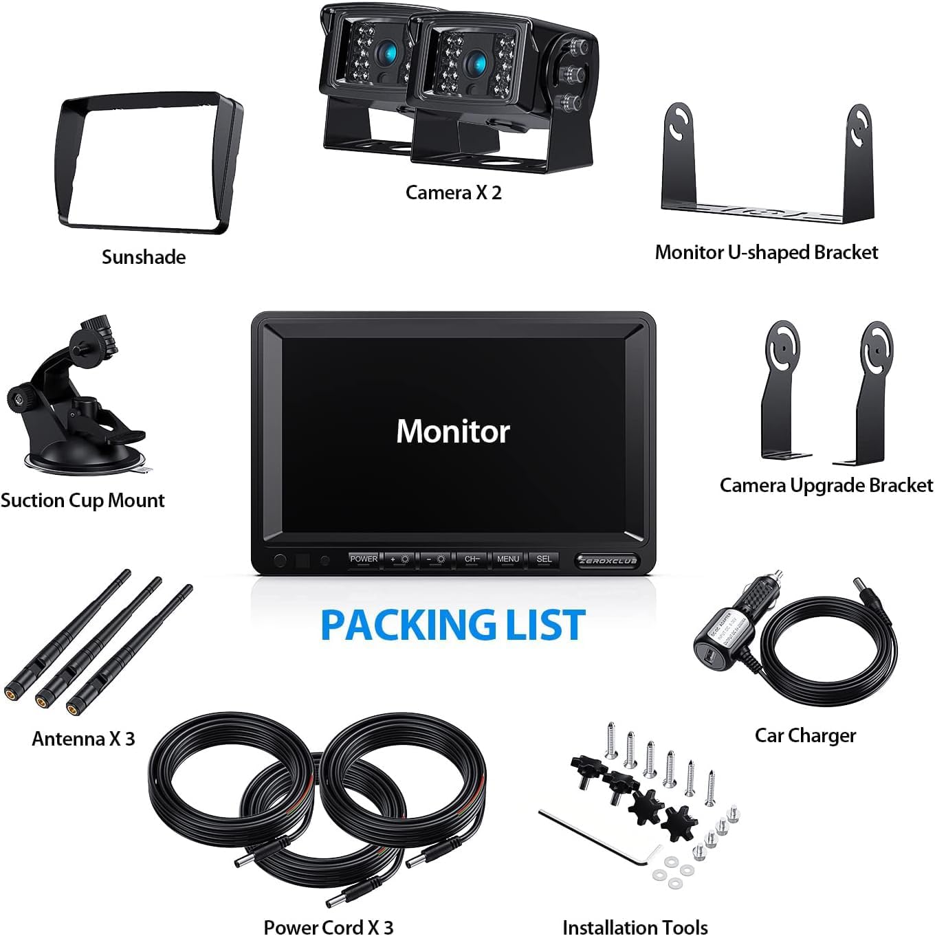 Digital Wireless Backup Camera System Kit, IP69K Waterproof Wireless 2 Rear View Camera + 7’’ LCD Dual Split Monitor for RV/Truck/Bus/Camper/Trailer (WX02)