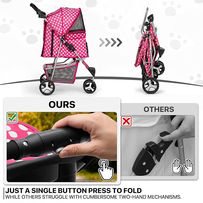 MoNiBloom 3 Wheels Pet Dog Cat Stroller for Small Medium Dogs Cats, Foldable Jogger Stroller w/Storage Basket and Cup Holder, Hot Pink Polka Dots