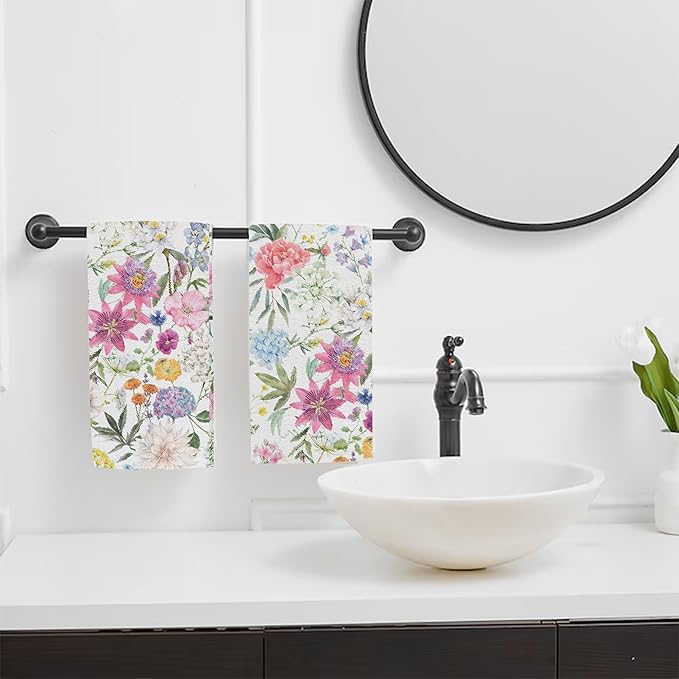 Colorful Flowers Botanical Leaves Hand Towel Set of 2,Watercolor Spring Floral Soft Absorbent Decorative Bathroom Kitchen Towel for Bathroom Kitchen Hotel Gym Yoga